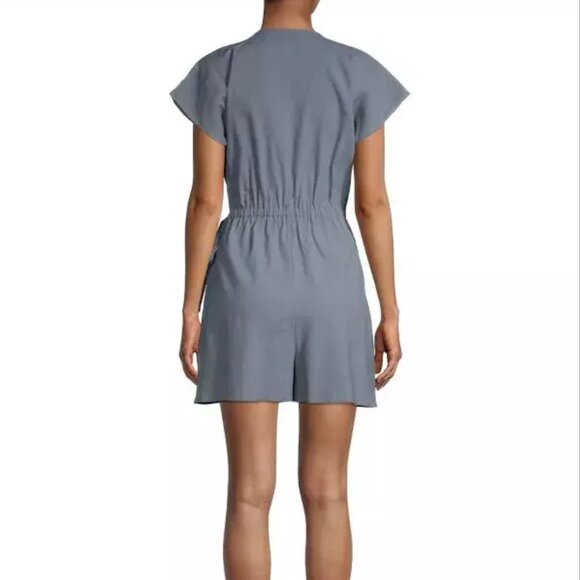 Theory Short-Sleeve Linen-Blend Wrap-Front Romper Steel Size 2 - Picture 2 of 8